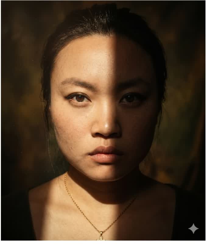 Ritratto cinematografico di Lucia Lin in penombra